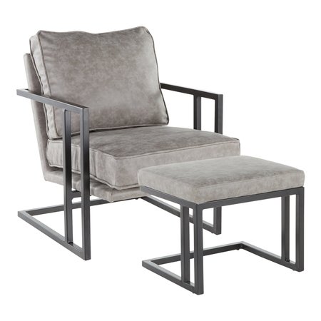 LUMISOURCE Roman Lounge Chair and Ottoman in Black Metal and Grey Faux Leather C2-ROMAN BKGY